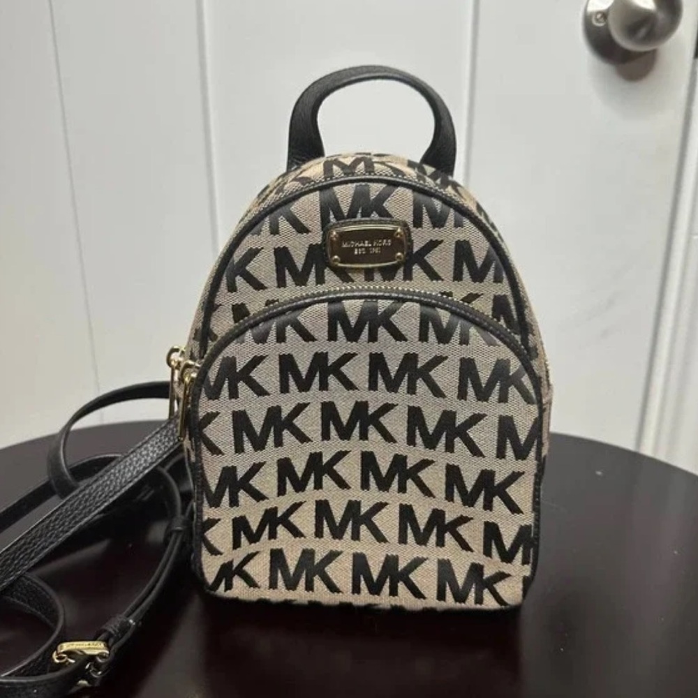 Michael Kors Black and Beige MK Logo Mini Backpack